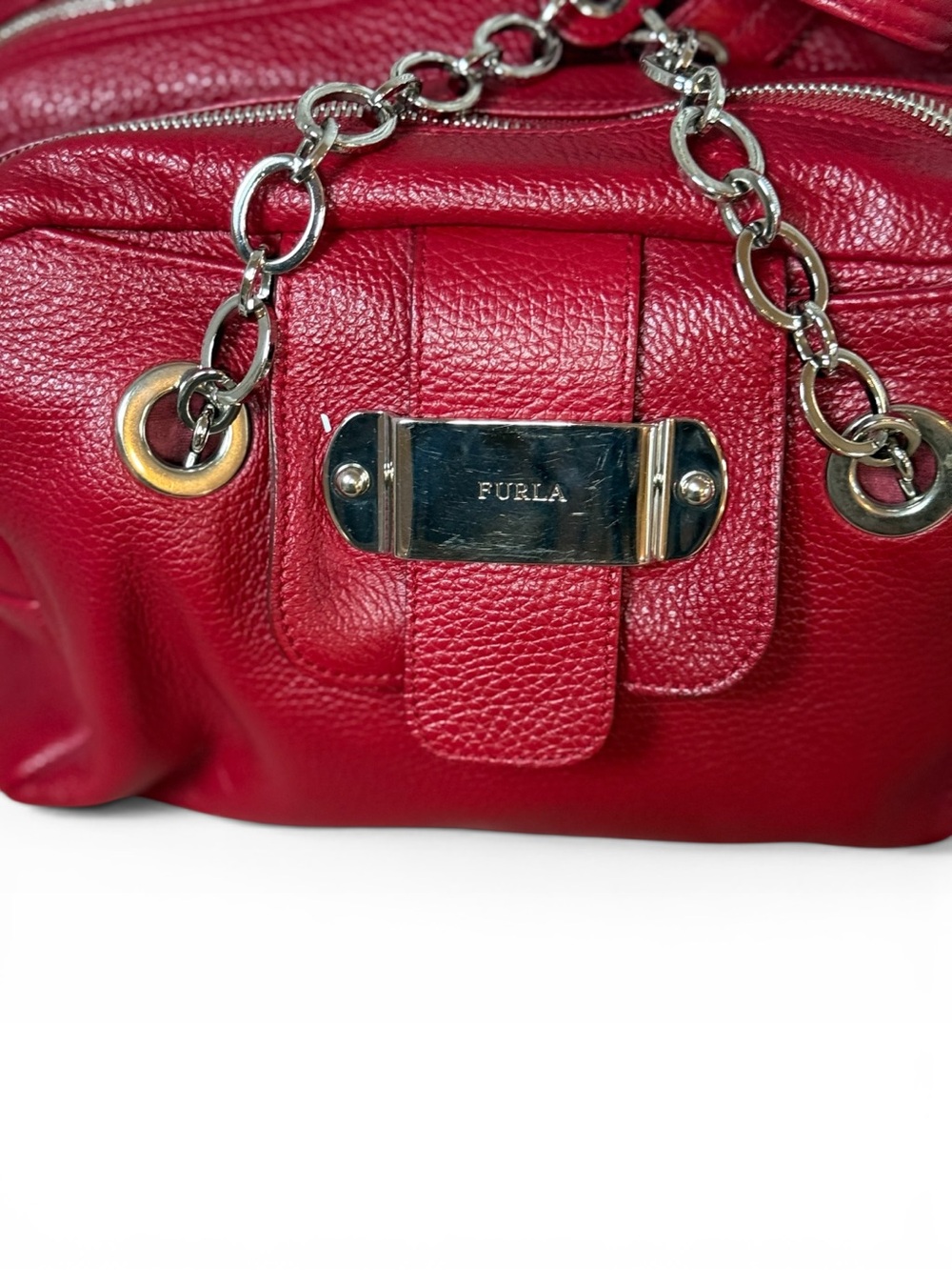 Furla Red Pebbled Genuine Leather Multi Compartment Chain Satchel Bag - Picture 4 of 10